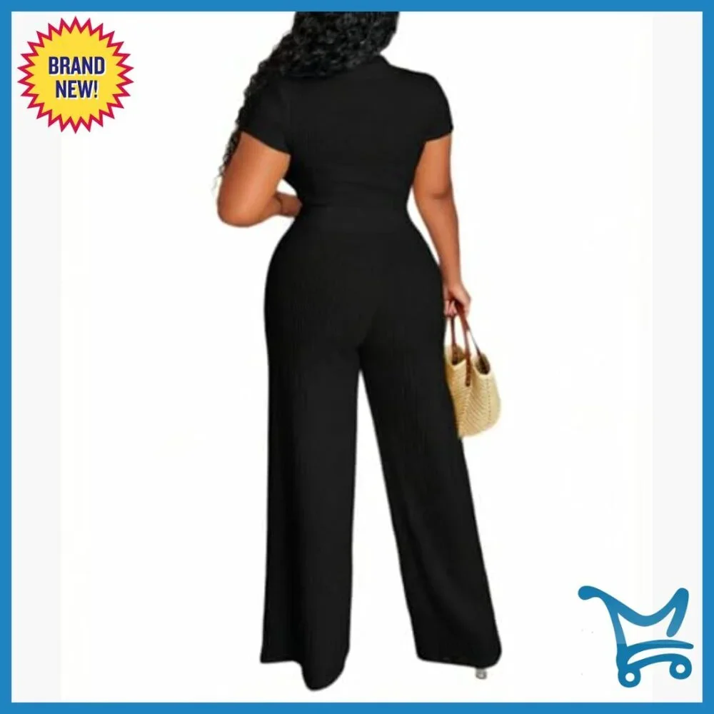 V-Neck Crop Top Wide Leg Pants Matching Set Medium Polyester Vacation Outfit